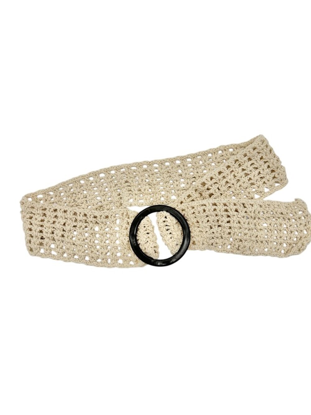 Beige Crochet Belt With Black Ring Buckle 40.5 inch Long Handmade Woven Design